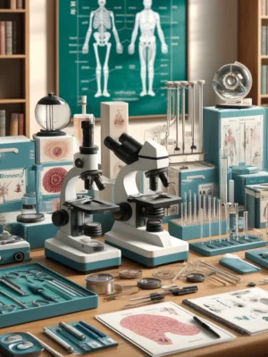 Biology lab tools, slides, and models.