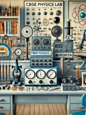 Physics lab tools, meters, and prisms.