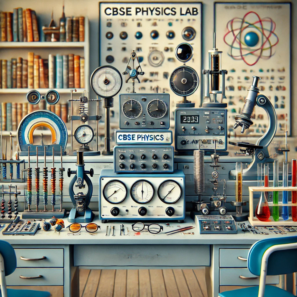 Physics lab tools, meters, and prisms.