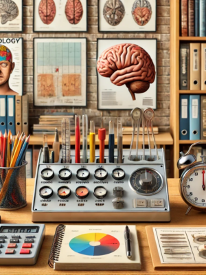 Brain model, psychology tools, and charts.